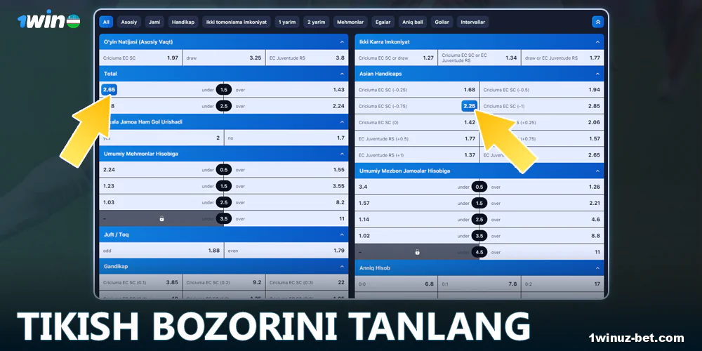 1Win O'zbekiston tikish bozorlarini tanlang