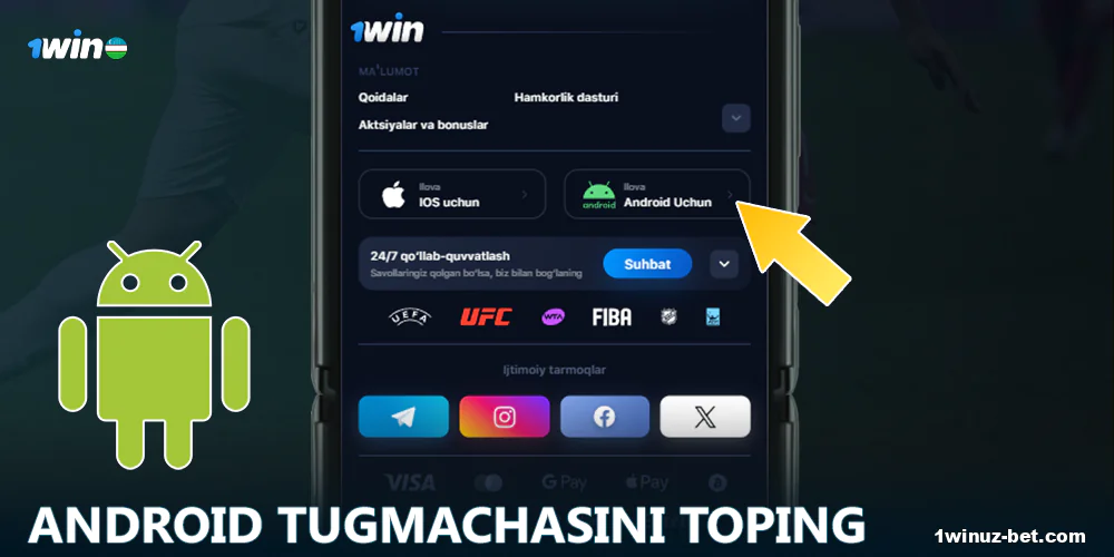 1Win O'zbekiston saytida Android uchun yuklab olish tugmasini bosing