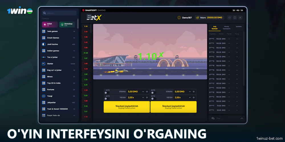 1Win O'zbekiston da JetX o'yin interfeysini o'rganing