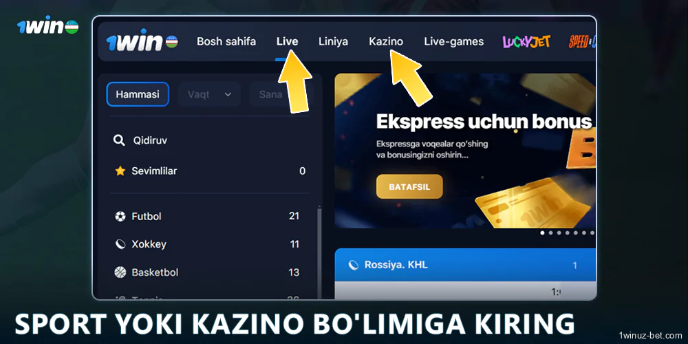 1Win O'zbekistondagi Sport yoki Kazino yorlig'iga o'ting