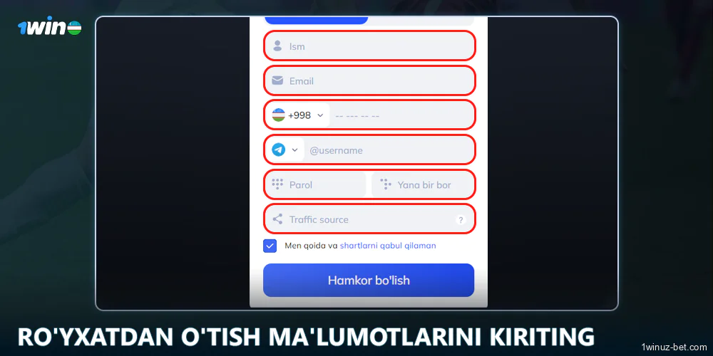 1Win O'zbekiston da ro'yxatdan o'tish ma'lumotlarini kiriting