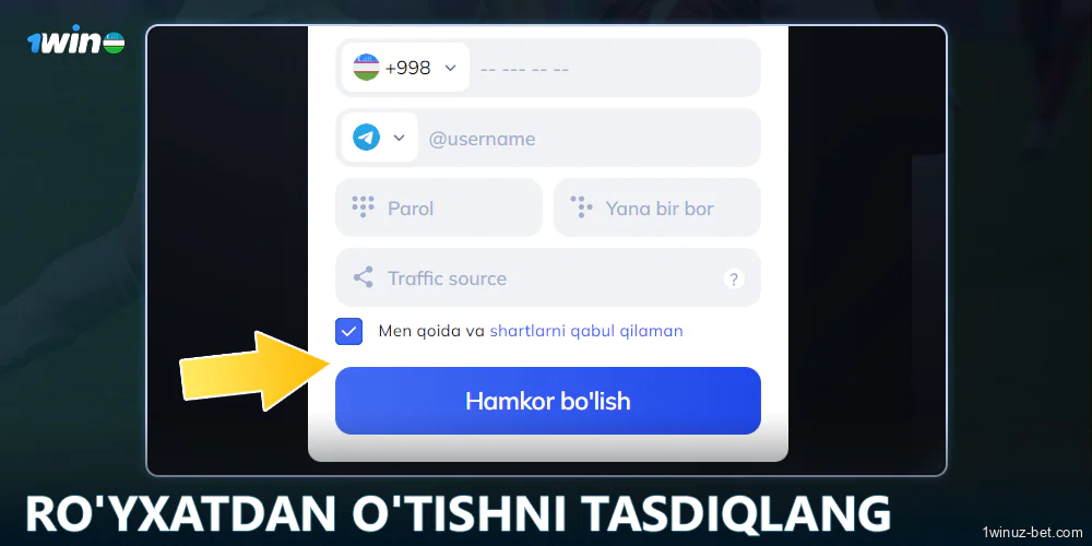 1Win O'zbekiston hamkorlik dasturida ro'yxatdan o'tishni tugallang