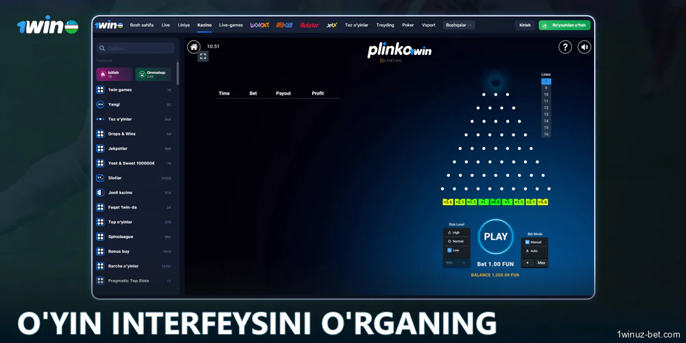 1Win O'zbekiston da Plinko o'yinining interfeysini o'rganing