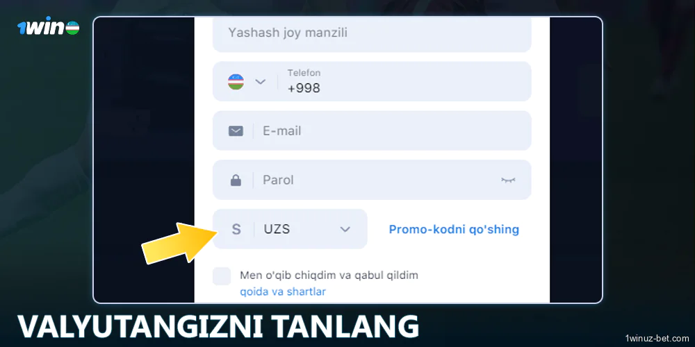 Valyutani tanlang 1Win O'zbekiston