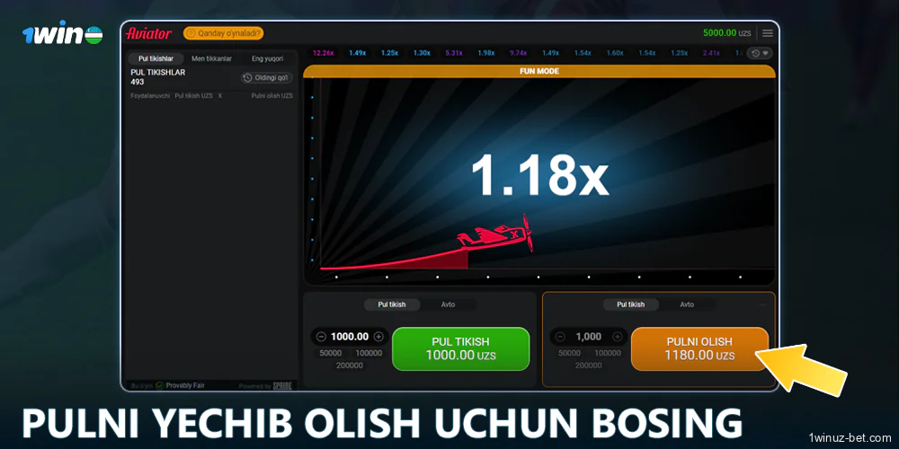 Aviator 1Win O'zbekistondagi yutuq summasini bosing