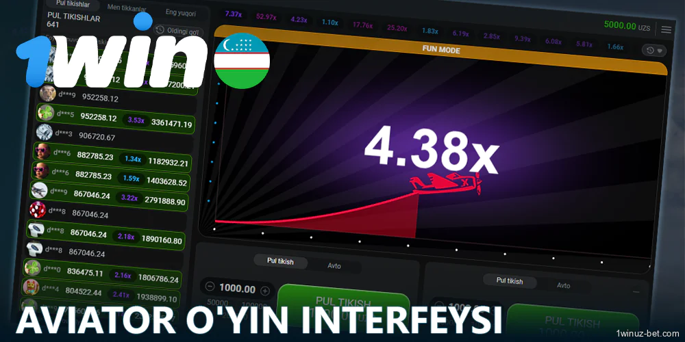 1Win O'zbekistondagi Aviator o'yin interfeysi