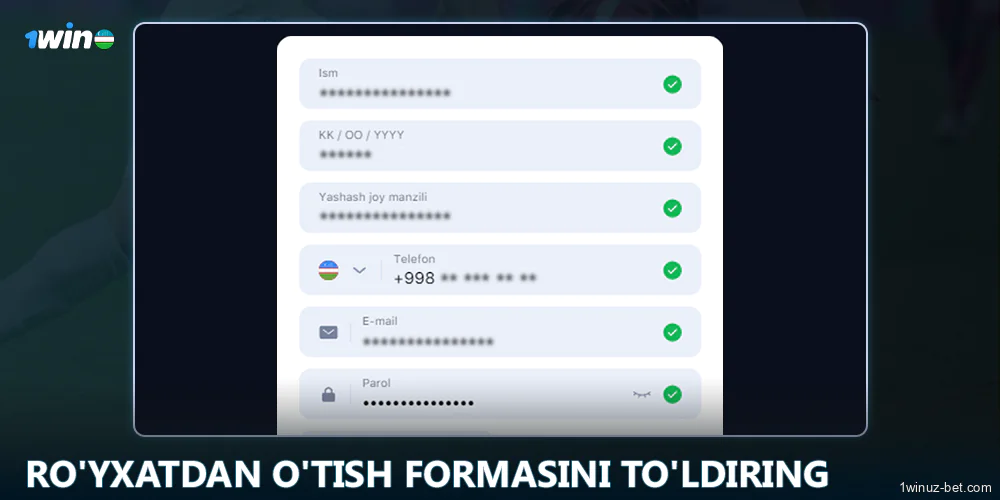 1Win O'zbekiston saytida ro'yxatdan o'tish shaklini to'ldiring