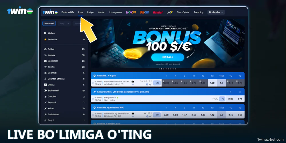 1Win O'zbekistondagi Live yorlig'iga o'ting